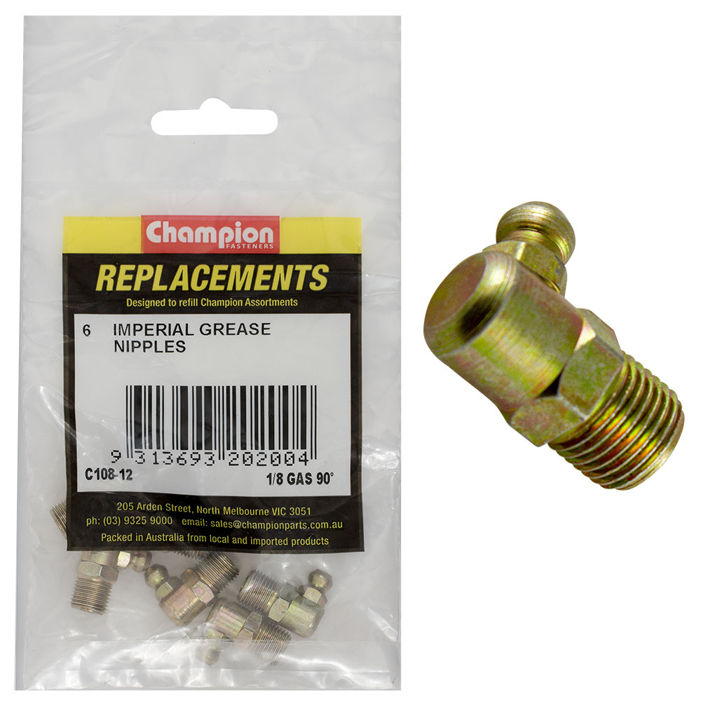 Champion 1/8in BSP (Gas) 90-Deg. Grease Nipple -6pk