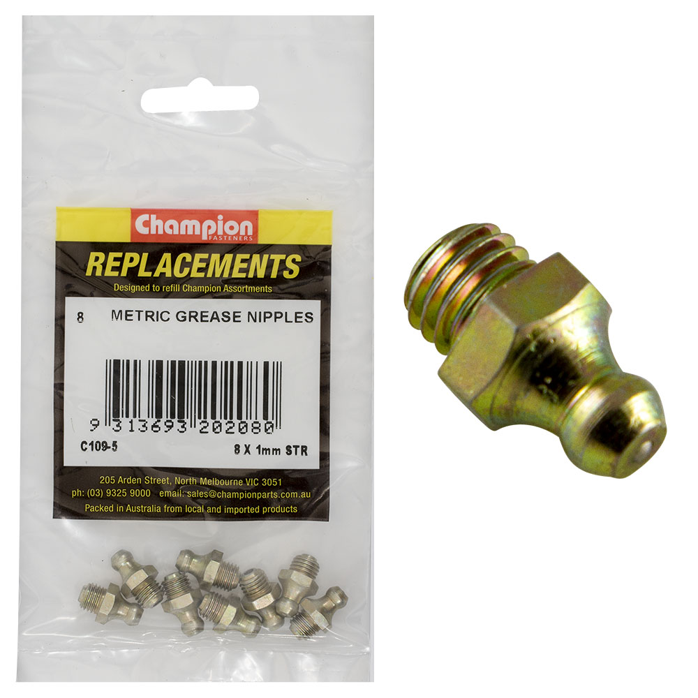 Champion M8 x 1.00mm Straight Grease Nipple -8pk