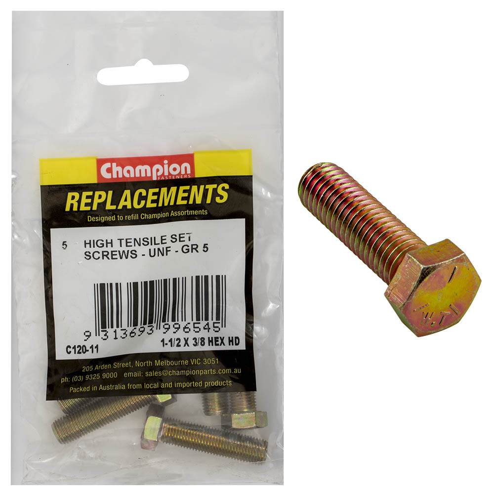 Champion 3/8in x 1-1/2in UNF Set Screw -Gr5 -5pk