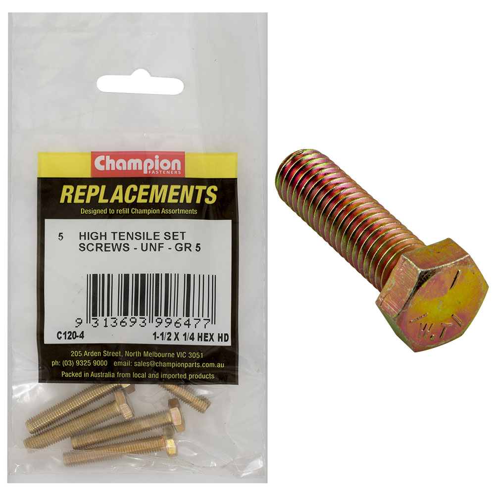 Champion 1/4in x 1-1/2in UNF Set Screw -Gr5 -5pk