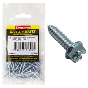 Champion 8G x 1in S/Tapping Screw Hex Head Phillips -50pk