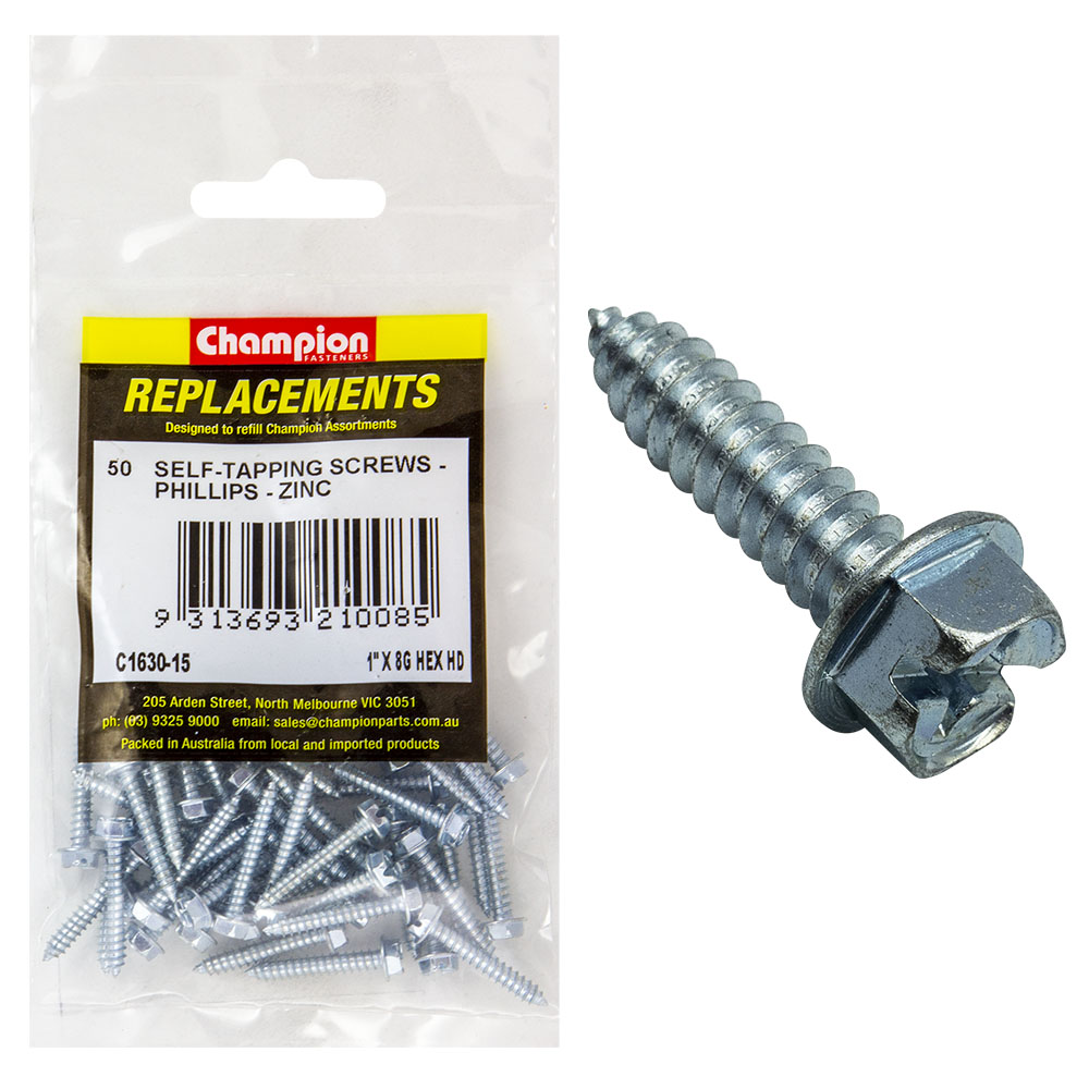 Champion 8G x 1in S/Tapping Screw Hex Head Phillips -50pk