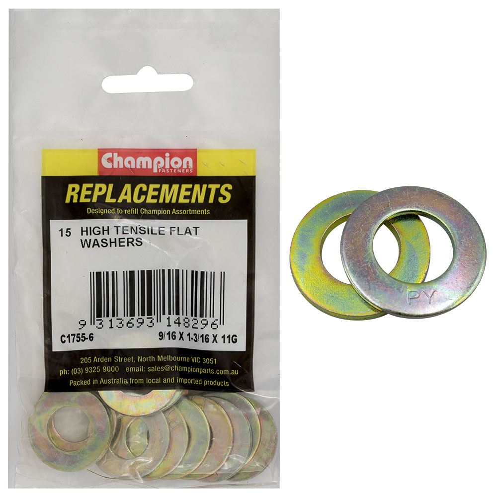 Champion 9/16in x 1-3/16in x 11G Ht Flat Steel Washer - 15pk