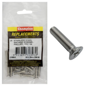 Champion M6 x 25mm Machine Screw -Csk -Ph -316/A4 -25pk