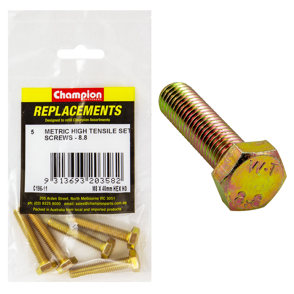 Champion M8 x 40mm x 1.25 Set Screw -Gr.8.8 -5pk