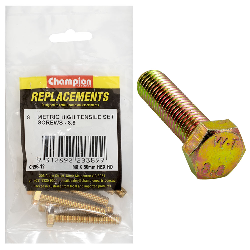 Champion M8 x 50mm x 1.25 Set Screw -Gr.8.8 -8pk