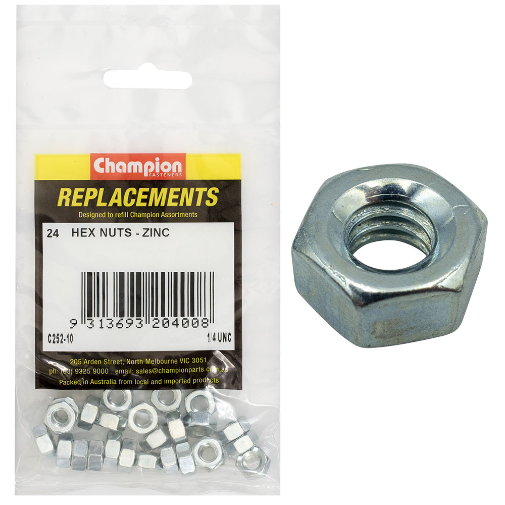 Champion 1/4in UNC Hexagon Nut (Zn) -24pk