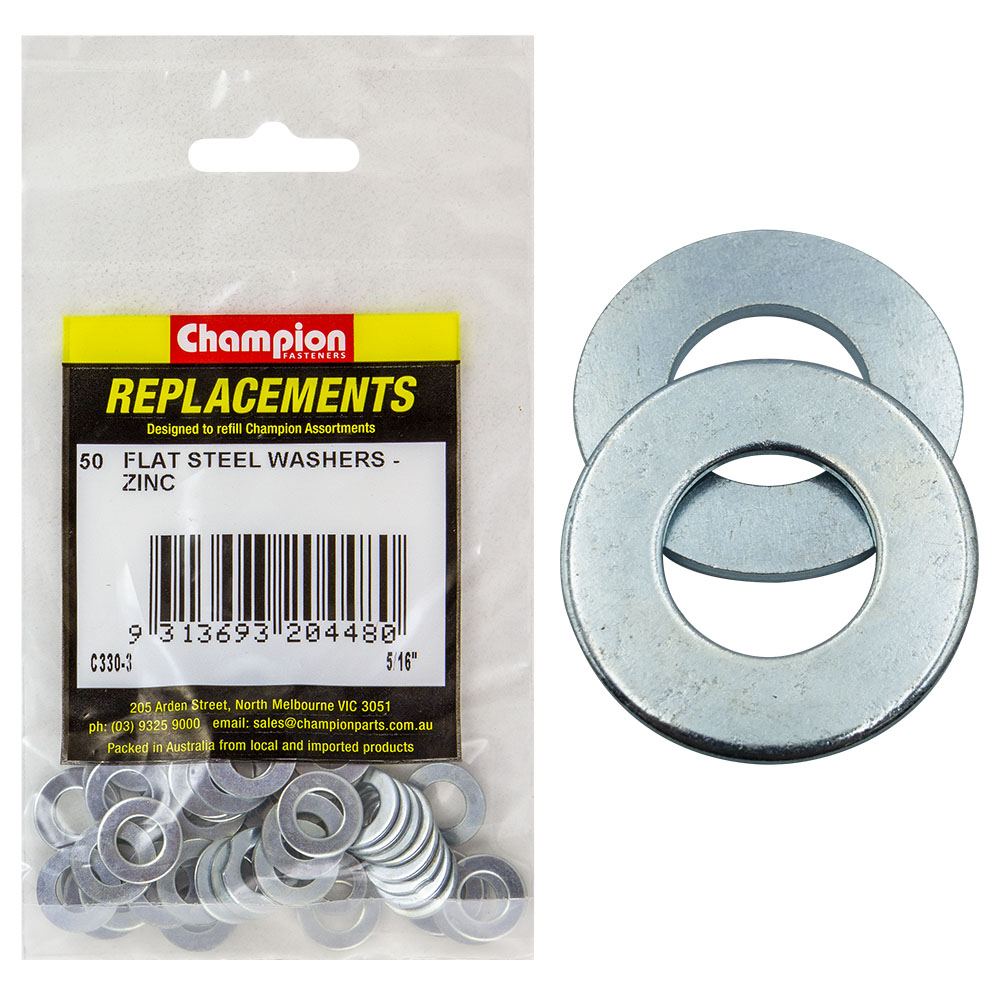 Champion 5/16in x 5/8in x 18G Flat Steel Washer -50pk