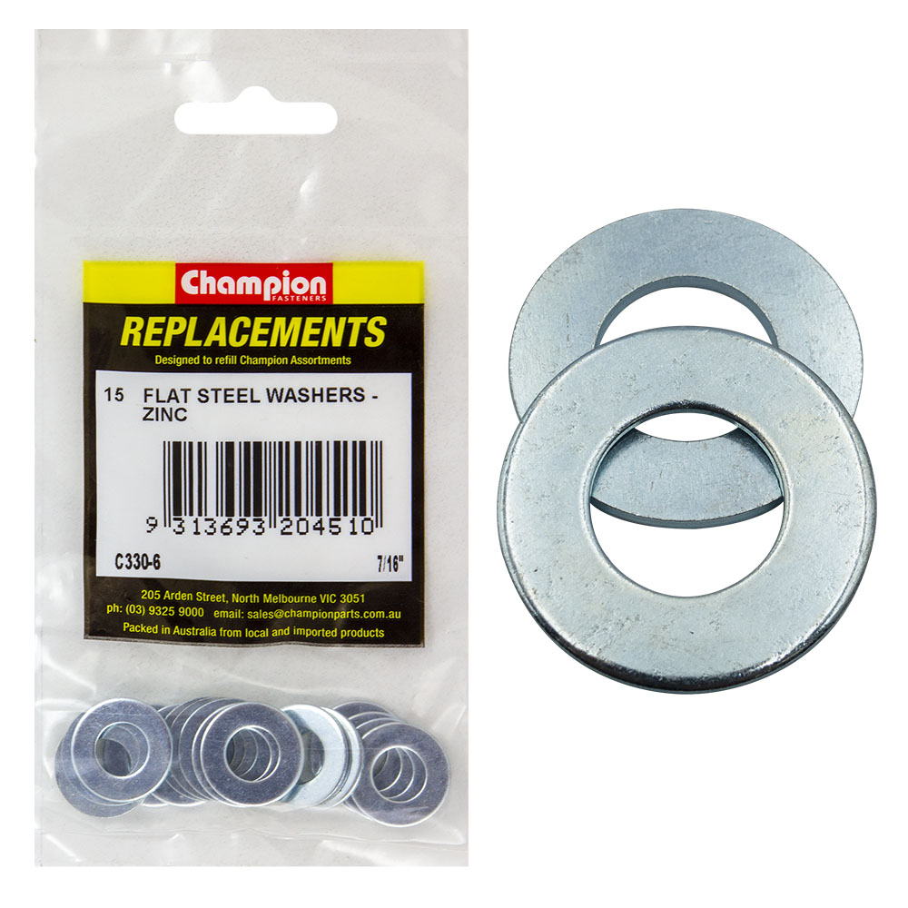 Champion 7/16in x 7/8in x 16G Flat Steel Washer -15pk