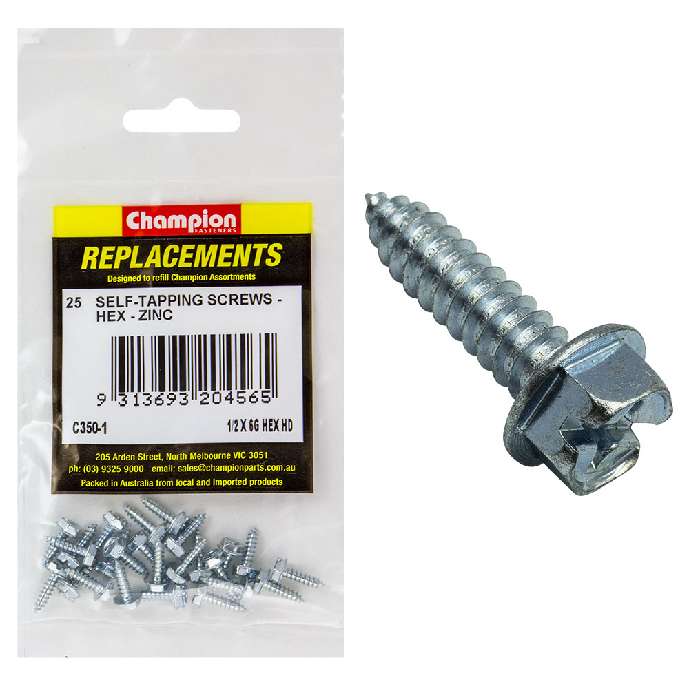 Champion 6G x 1/2in S/Tapping Screw Hex Head Phillips -25pk