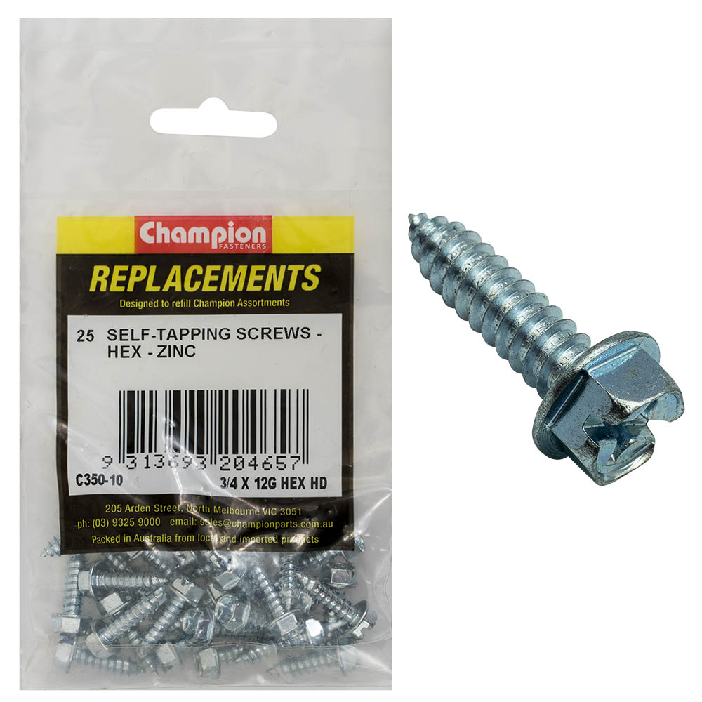 Champion 12G x 3/4in S/Tapping Screw Hex Head Phillips -25pk
