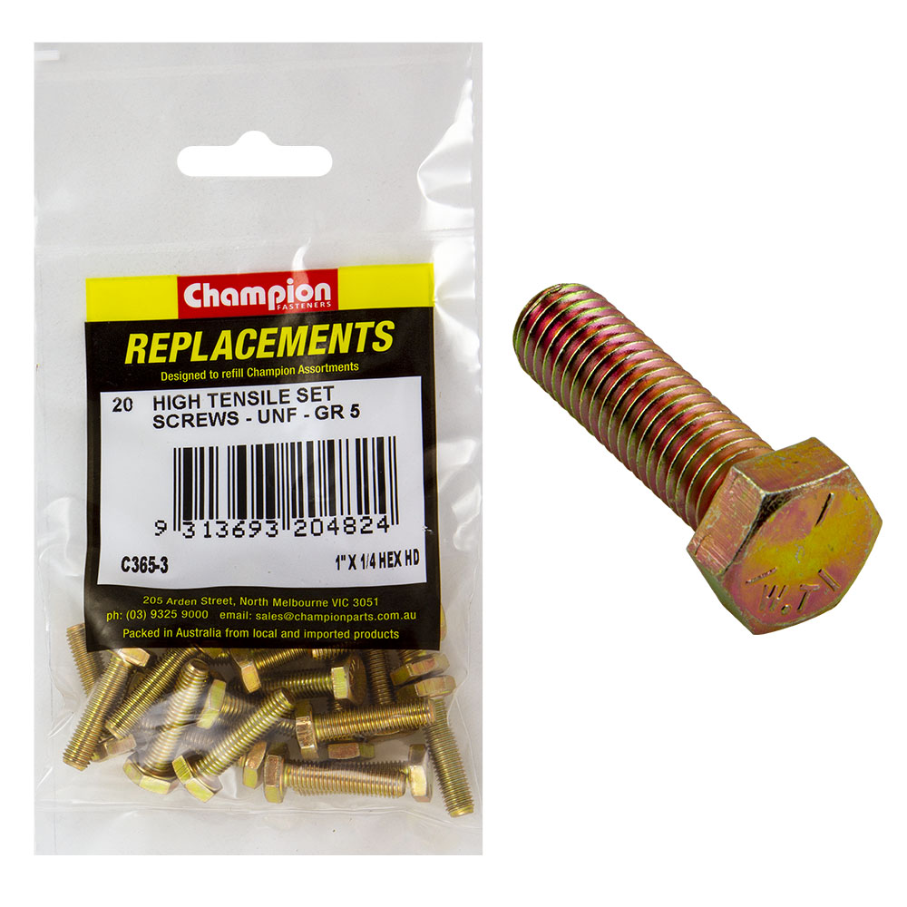 Champion 1/4in x 1in UNF Set Screw -Gr5 -20pk