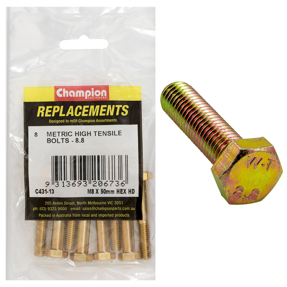 Champion M8 x 50mm x 1.25 Bolt -Gr8.8 -8pk