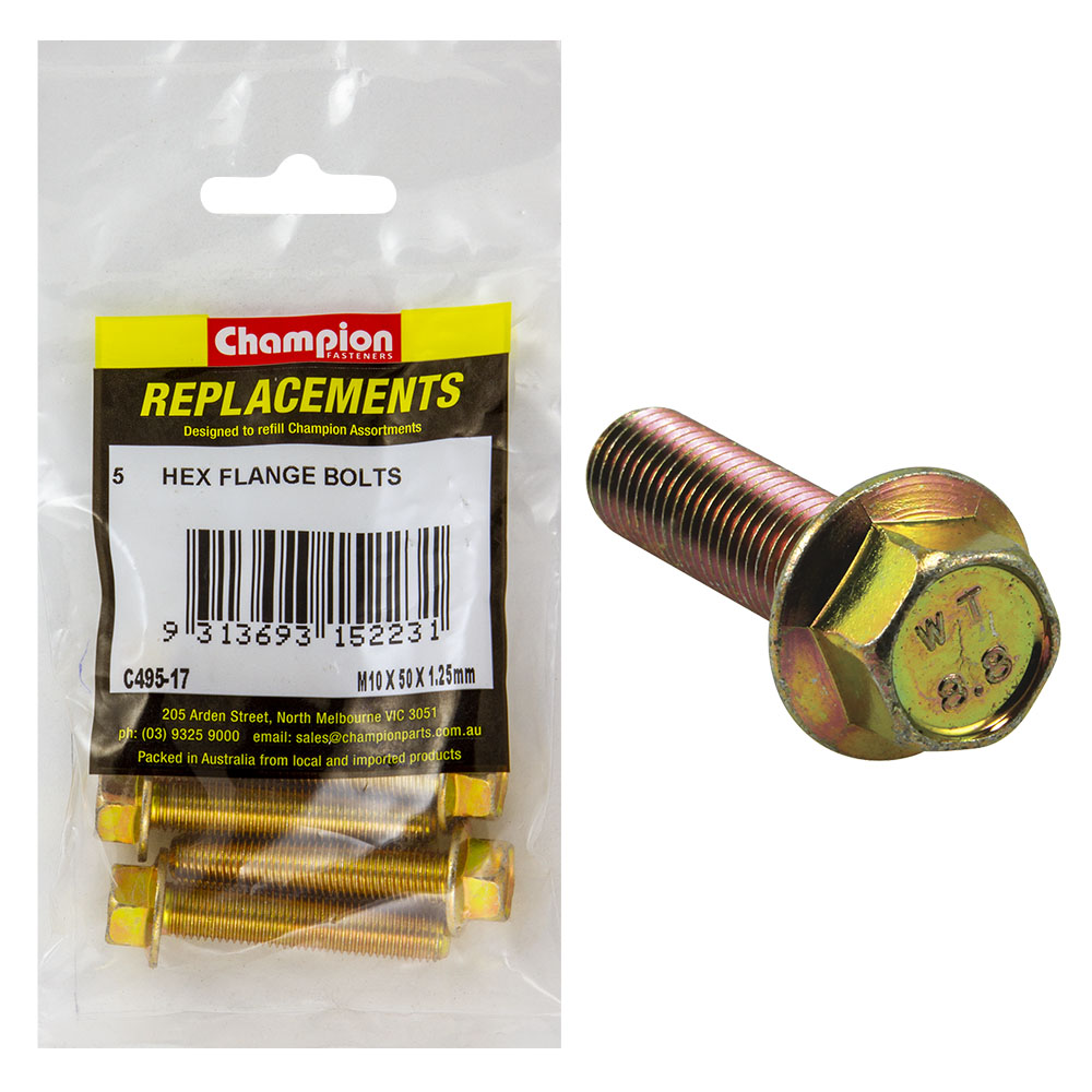 Champion M10 x 50mm x 1.25 Flange Head Set Screw -Gr8.8 -5pk