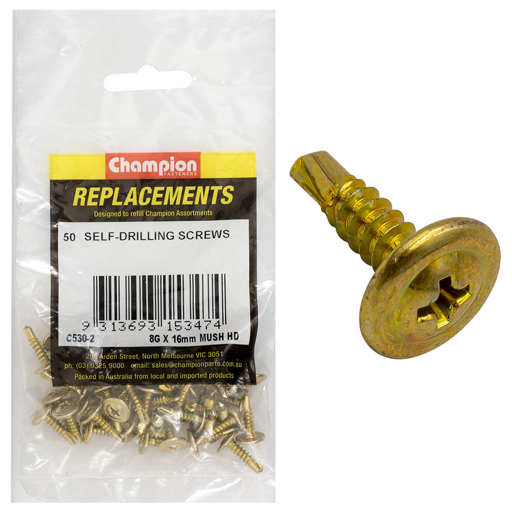 Champion 8G x 16mm Mushroom Head S/Drilling Screw Ph -50pk