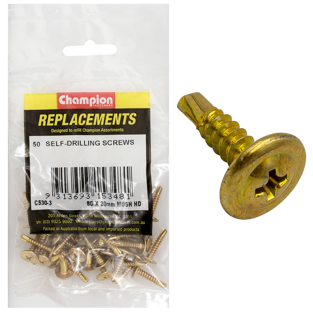 Champion 8G x 20mm Mushroom Head S/Drilling Screw Ph -50pk