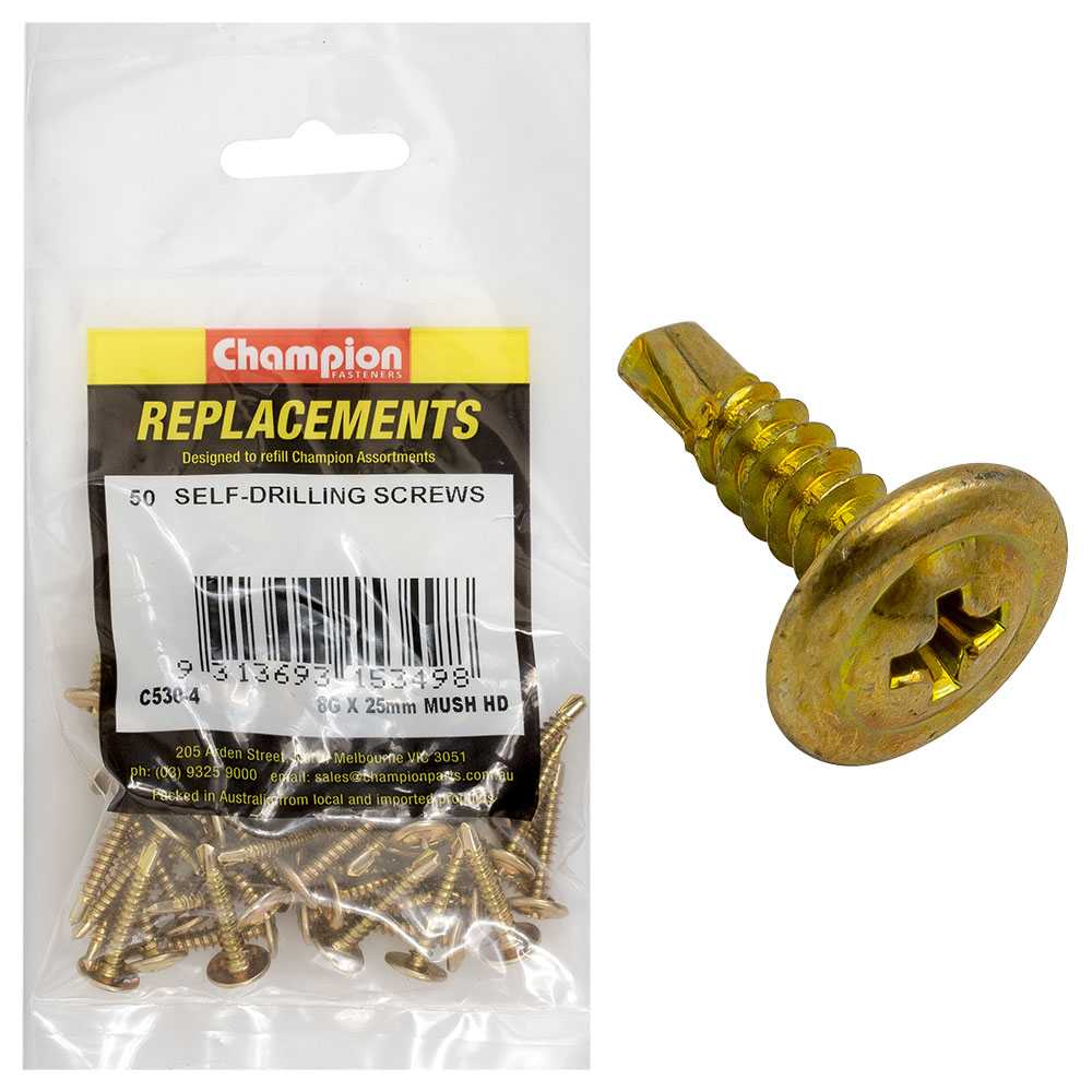 Champion 8G x 25mm Mushroom Head S/Drilling Screw Ph -50pk