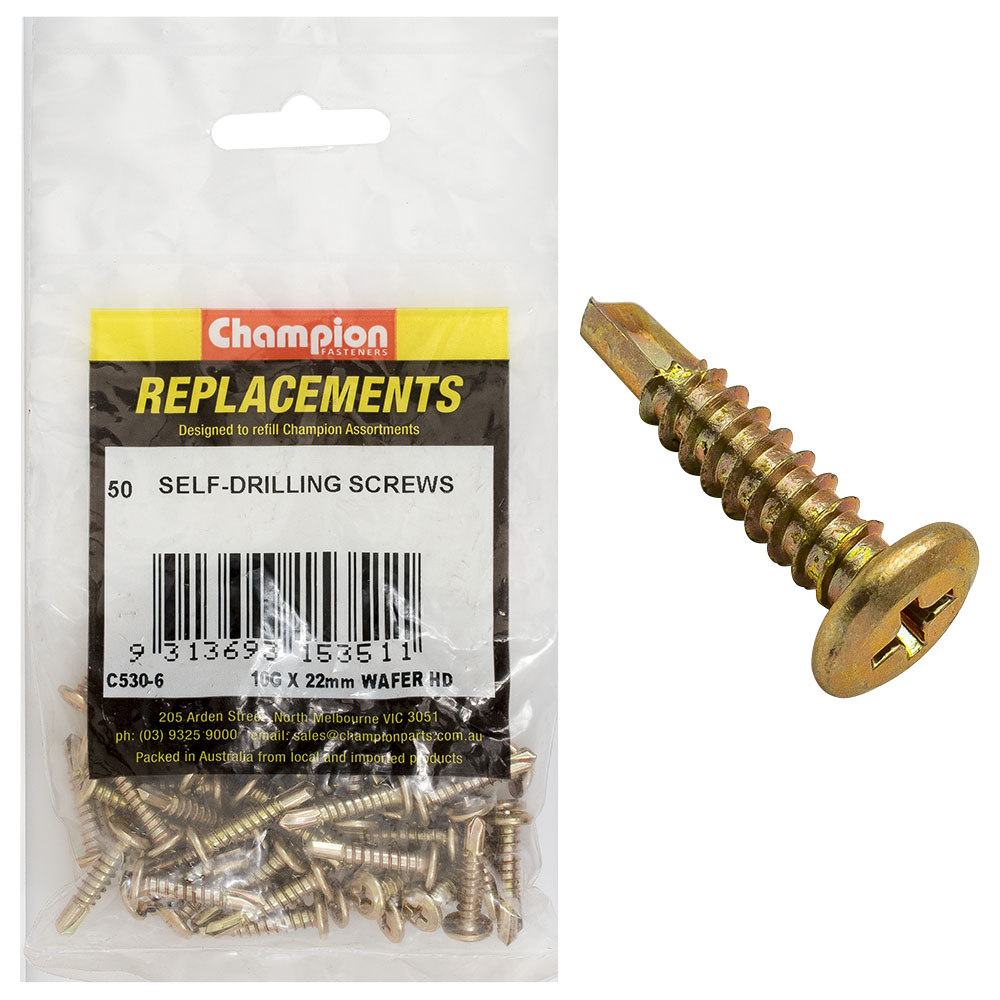 Champion 10G x 22mm Wafer Head S/Drilling Screw Ph -50pk