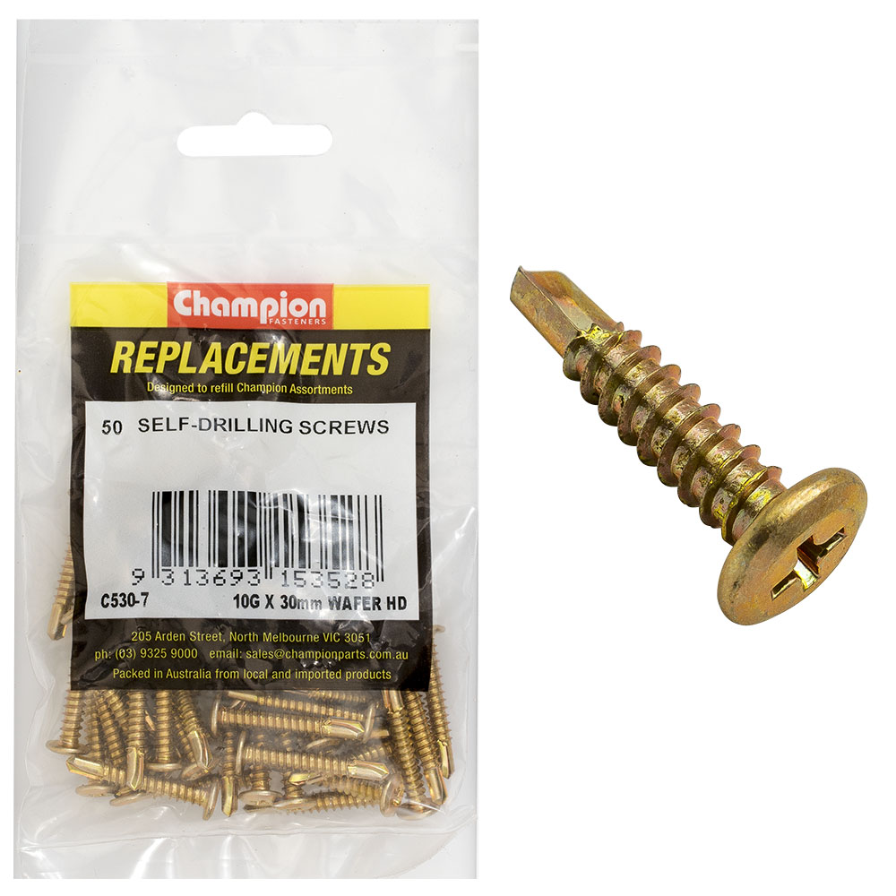 Champion 10G x 30mm Wafer Head S/Drilling Screw Ph -50pk