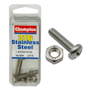 Champion Machine Screws Pan Phillips SS M6 x 30mm 316/A4-4pk