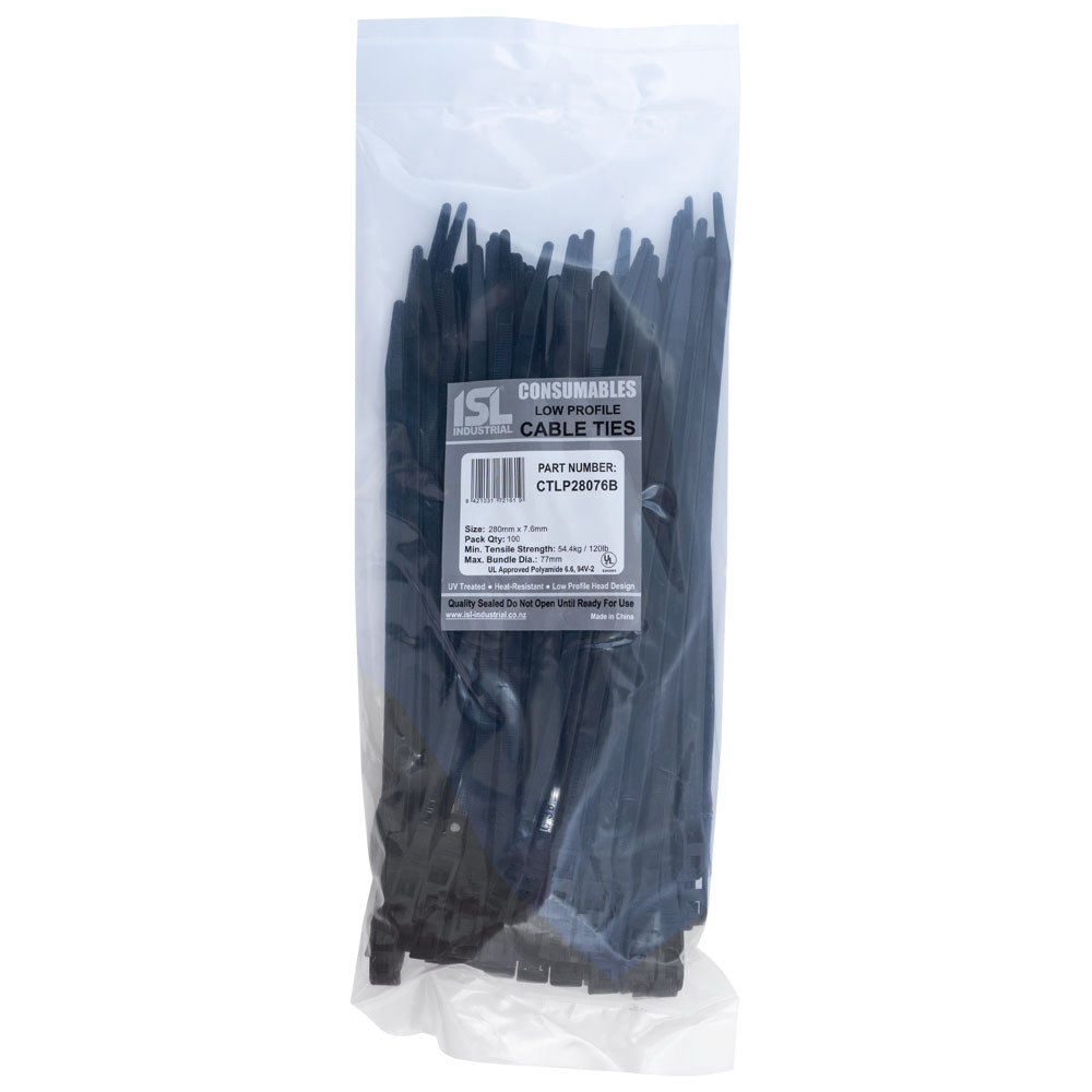 ISL 280x7.6mm Low Profile Cable Tie - UV Blk - 100pk