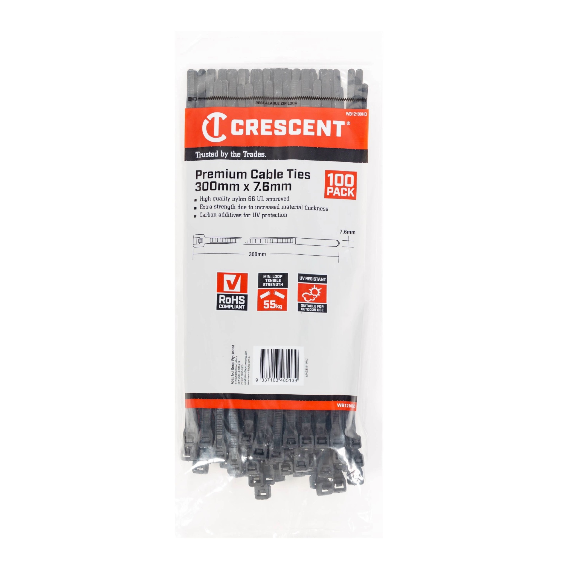 Crescent 100Pc 300x7.6mm Black Heavy Duty Cable Ties