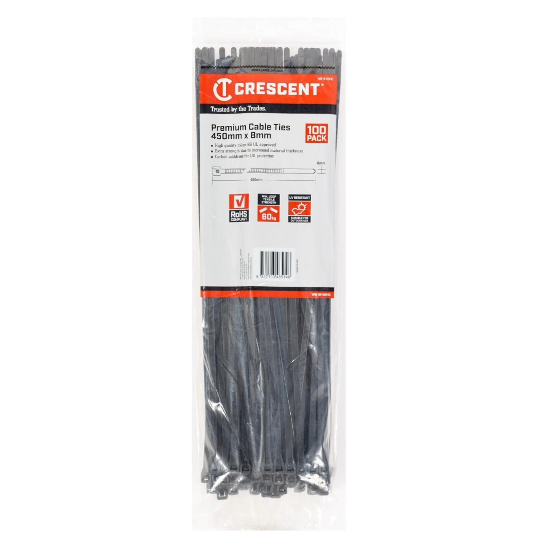 Crescent 100Pc 450x7.6mm Black Heavy Duty Cable Ties